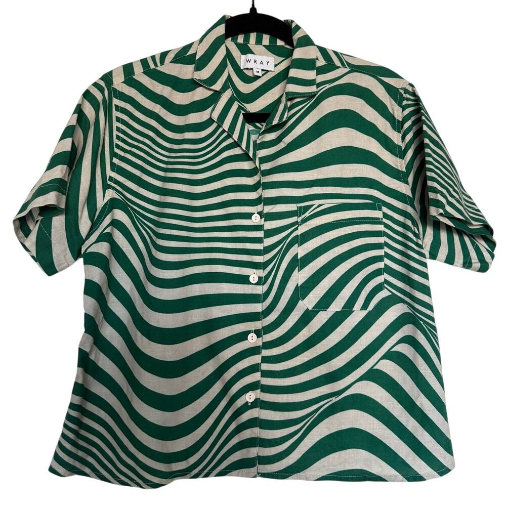 Wray M Green Cream Wavy Psychedelic Stripe Camp Collar Short Sleeve Shirt